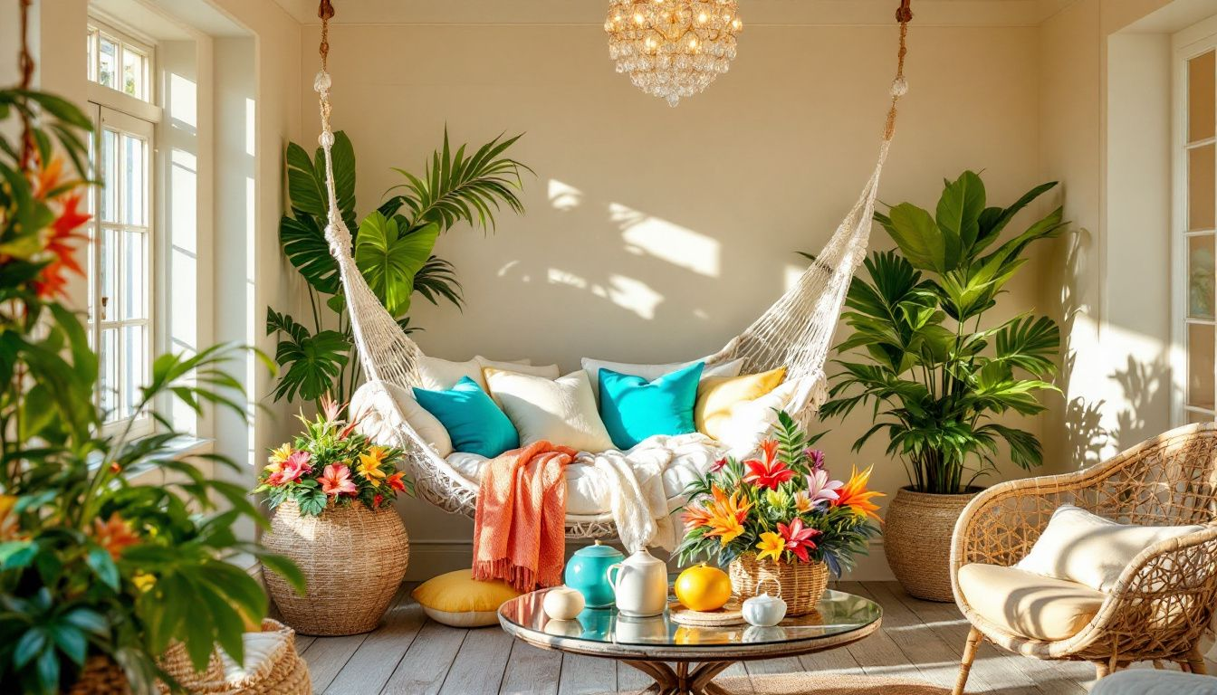 A cozy sunroom featuring a hammock and lush greenery.