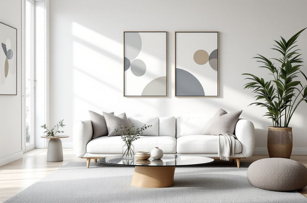 A beautifully styled living room with a coffee table that matches the decor.