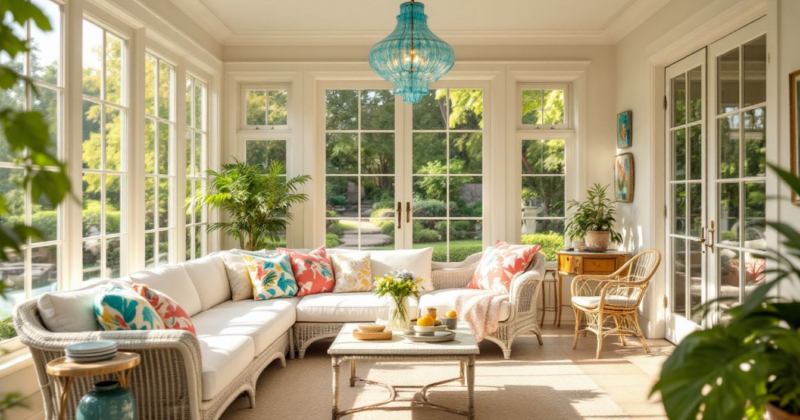 A stylish sunroom furnished with wicker furniture and bright decor.