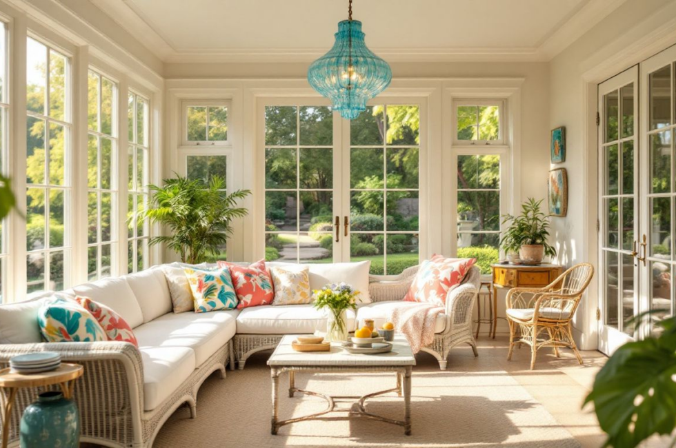 A stylish sunroom furnished with wicker furniture and bright decor.