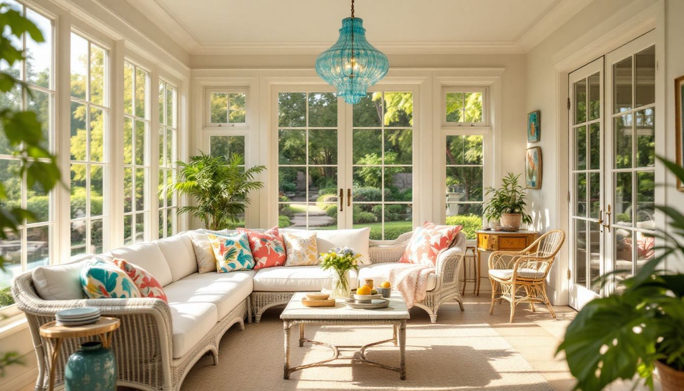 A stylish sunroom furnished with wicker furniture and bright decor.