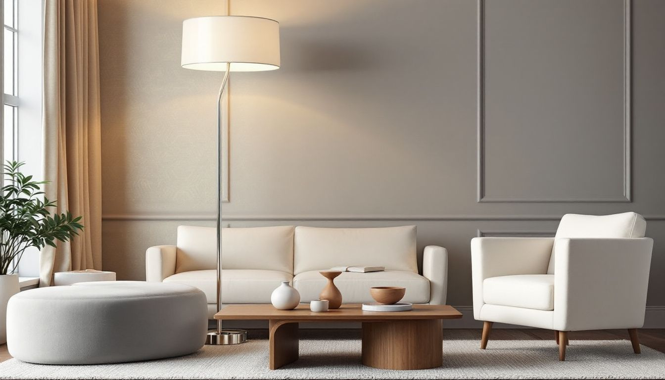 A stylish floor lamp illuminating a cozy living room space, showcasing various living room lighting options.